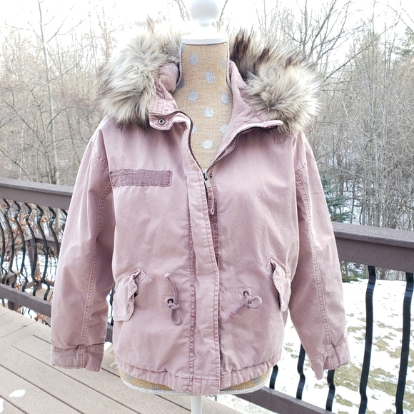 American Eagle military style parka faux fur hood mauve dusty rose medium crop - Picture 2 of 14